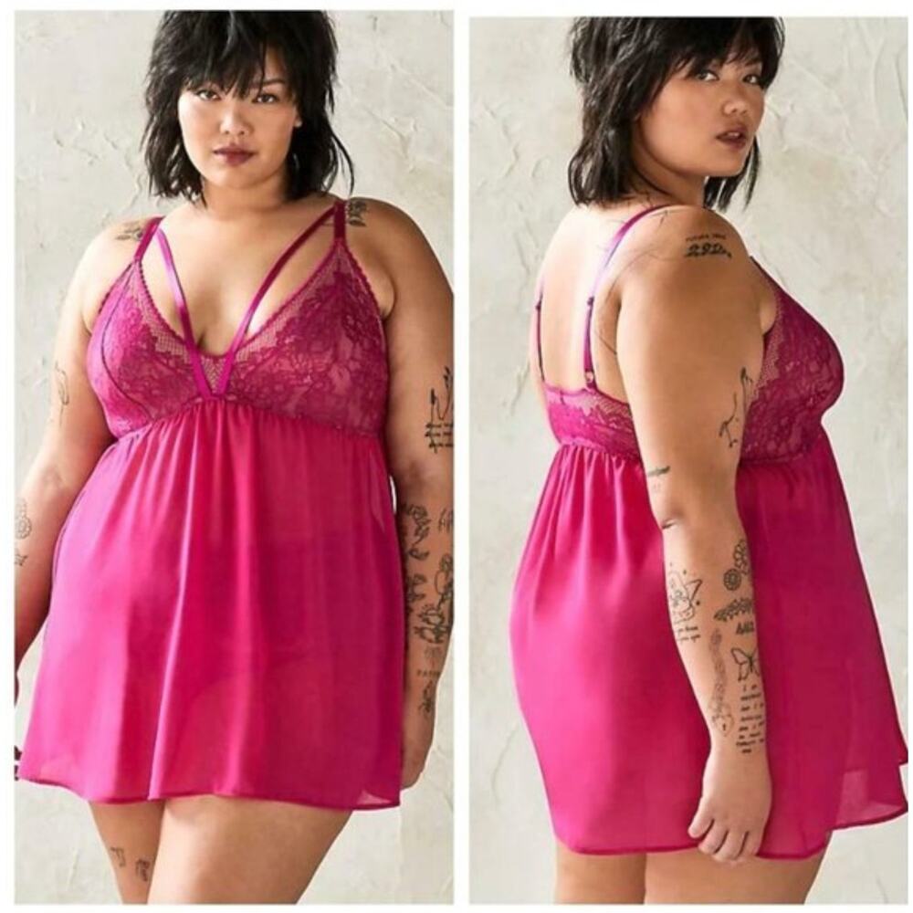 Torrid Lace Mesh Baby doll Lingerie SZ 1 (14-16) Fuchsia Adjustable Straps NWT